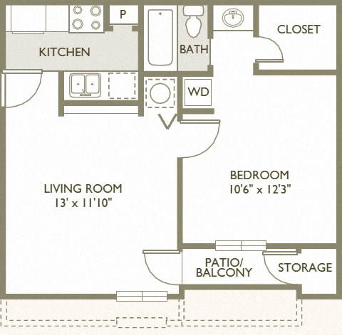 Floor plan for 1 bed, 1 bath, 525 sqft